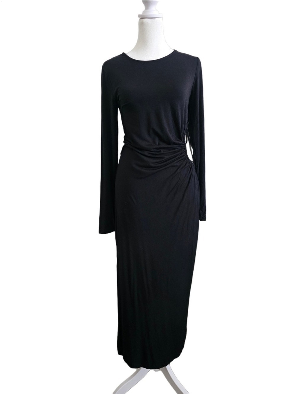 Black Long-Sleeve Side-Ruched Cut Maxi Dress
